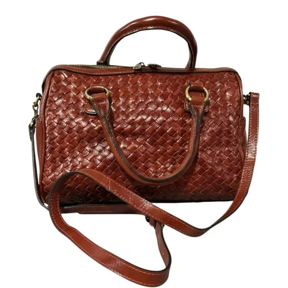 Patricia Nash Skye Woven Leather Satchel Whiskey Brown Crossbody Strap VGC